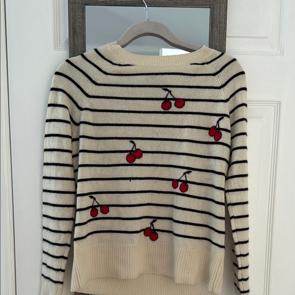 Cream and Black Striped Sweater with Cherry Accents - Picture 1 of 6